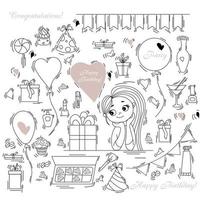 födelsedag doodle set. kvinna ballonger lådor. söt söt tjej och gåvor, lådor och ballonger, godis och kakor, kosmetika och cocktails. disposition isolerad på vit bakgrund. vektor illustration