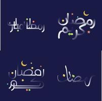 glänzend Weiß Ramadan kareem Kalligraphie einstellen mit bunt Blumen- und islamisch Muster Designs vektor