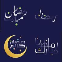 glänzend Weiß Ramadan kareem Kalligraphie Pack mit bunt islamisch Design Elemente und geometrisch Muster vektor