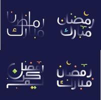 Ramadan kareem Kalligraphie Pack mit glänzend Weiß Text und Regenbogen Akzente vektor