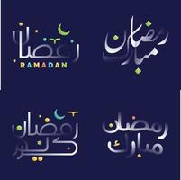 ramadan kareem kalligrafi packa med glansig vit text och färgrik element vektor