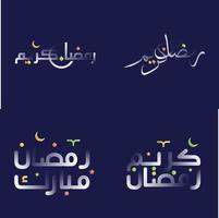 Weiß glänzend Ramadan kareem Kalligraphie Pack mit bunt islamisch geometrisch und Blumen- Abbildungen vektor
