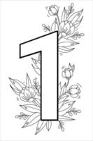 blomma nummer siffra ett. dekorativt mönster 1 med blommor, tulpaner, knoppar och löv. vektorillustration isolerad på vit bakgrund. linje, disposition. för gratulationskort, tryck, design och dekoration vektor