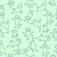 sömlösa mönster. husdjur yoga. hundyoga - söta valpar som gör övningar och står i asana. vektor kontur på en ljusgrön bakgrund