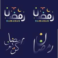 fantastisk vit glansig ramadan kareem kalligrafi uppsättning med vibrerande färger och islamic geometrisk mönster vektor