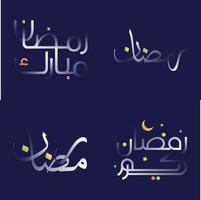 glansig vit ramadan kareem kalligrafi packa med ljus och lekfull element vektor