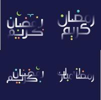 festlig vit glansig ramadan kareem kalligrafi packa med flerfärgad islamic design element vektor