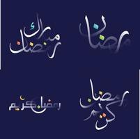 glänzend Weiß Ramadan kareem Kalligraphie Pack mit bunt Abbildungen von islamisch Kunst und Kultur vektor