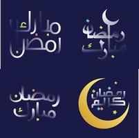 ramadan kareem kalligrafi packa med vit glansig effekt och roligt design element vektor