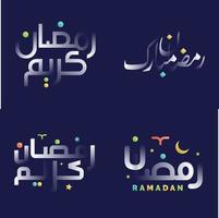 glänzend Weiß Ramadan kareem Kalligraphie Pack mit Spaß und beschwingt Design Elemente vektor