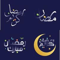Weiß glänzend Ramadan kareem Kalligraphie Pack mit bunt islamisch geometrisch und Blumen- Abbildungen vektor