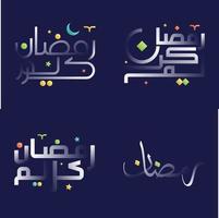skön vit glansig ramadan kareem kalligrafi packa med färgrik accenter vektor