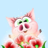 süß komisch Karikatur glücklich Schwein Mädchen hinter glänzend rot Blumen. vektor