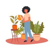 Vektor glücklich Pflanze Dame jung Afroamerikaner Frau Bewässerung ein eingetopft Pflanze isoliert auf Weiß Hintergrund
