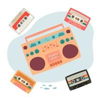 1990-tals musik. levande boombox och band isolerade. ljudinspelare retro enhet från 80-talet 90-talet. platt vektorillustration av färgglada boombox och kassetter vektor