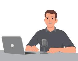 podcast begrepp illustration. manlig podcaster talande till mikrofon inspelning podcast i studio. begrepp av internet uppkopplad radio vektor