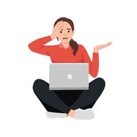 jung schön frustriert Frau mit Laptop Computer Sitzung mit gekreuzt Beine isoliert Vektor Illustration