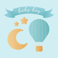 Baby Dusche Banner mit Mond, Sterne und Text Baby Junge auf Blau Hintergrund. es s ein Junge. vektor