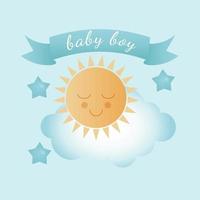 Baby Dusche Banner mit Sonne, Sterne, Wolke und Text Baby Junge auf Blau Hintergrund. es s ein Junge. vektor