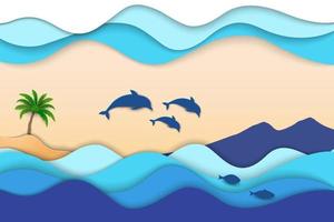 Welt Ozeane Tag Konzept mit Delfin Familie glücklich auf Aussicht von Blau Meer vektor