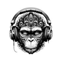 apa bär hörlurar roligt och sorglös bild den där ställer ut de kärlek av musik och de vild anda av primater vektor