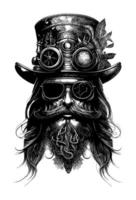 skalle huvud med mustasch bär solglasögon och hatt musiker hand dragen illustration vektor