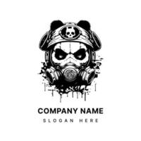 arg panda med gas mask huvud med gas mask logotyp svart och vit hand dragen illustration vektor