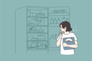 fundersam ung kvinna med skalor öppen kylskåp tror av diet mat eller måltid. tusenåriga flicka se in i kylskåp för låg kalori produkt. näring planen och vikt förlust begrepp. vektor illustration.