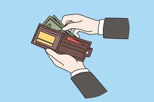 plånbok med pengar av affärsman begrepp. händer av affärsman arbetstagare innehav plånbok med högen av pengar kontanter valuta vektor illustration