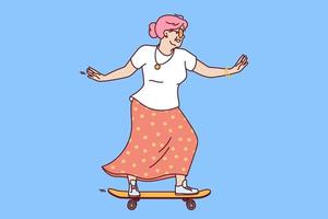 äldre kvinna rider skateboard önskar till stanna kvar ung och spela teater tycka om tonåring rubrik till skatepark. äldre kvinna med skateboard åtnjuter pensionering ålder och brist av arbete ansvarsområden vektor