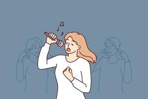 Frau singt im Karaoke Stehen in der Nähe von freunde Abdeckung Ohren fällig zu unerträglich Stimme oder hoch Volumen. Mädchen Leiden von Stress führt aus Lieder im Karaoke, verhindern Menschen um von entspannend vektor