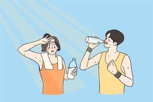 Trinken Wasser und heiß Sommer- Konzept. jung Schwitzen Mann und Frau im Sportbekleidung Stehen Trinken Wasser im sehr heiß Sommer- Tage nach tun Sport trainieren Vektor Illustration