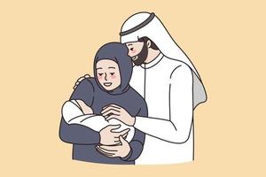 glücklich arabisch Familie Treffen Neugeborene Baby. lächelnd Muslim Vater und Mutter mit wenig Säugling Kind. Arabisch Paar mit klein Kind. Elternschaft Konzept. Kultur Diversität. eben Vektor Illustration.