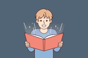 pojke innan ungdom med öppen bok i händer läser fe- berättelse eller serier med intressera. studerande uppfyller instruktioner lärare och är engagerad i extracurricular aktiviteter studerar material från bok vektor