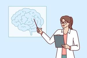 kvinna läkare lär neurologi pekande på hjärna teckning hängande på vägg under medicinsk utbildning kurs. läkare neurolog visar bild av hjärna till fråga kollegor för råd vektor