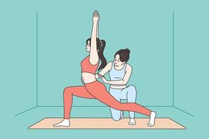 Trainer Hilfe weiblich Klient mit Yoga Pose Übung zusammen im Fitnessstudio oder Studio. Trainer helfen Frau trainieren Dehnen oder meditieren beim Klasse. gesund Lebensstil, Sport Konzept. Vektor Illustration.