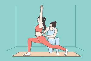 tränare hjälp kvinna klient med yoga utgör övning tillsammans i Gym eller studio. tränare hjälpa kvinna öva stretching eller meditera på klass. friska livsstil, sport begrepp. vektor illustration.