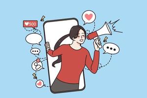 lächelnd Frau Influencer Schrei im Lautsprecher machen Werbung im Sozial Medien auf Smartphone. erfolgreich Mädchen Blogger werben online auf Handy. Marketing und Förderung. Vektor Illustration.