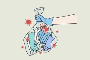 Pandemie, Epidemie, Coronavirus Infektion Konzept. Mensch Hände tragen Blau schützend Handschuhe Tragen Müll Taschen enthält infiziert Handschuhe und infiziert chirurgisch Maske während Pandemie vektor