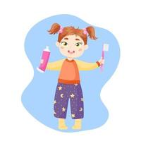 ein wenig Mädchen mit zwei Schwänze im Pyjama hält ein Rosa Zahnpasta und Zahnbürste im ihr Hände vektor