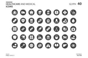 sjukvård och medicinsk ikonuppsättning i glyph-stil. vektor logotyp formgivningsmall. ikon för modern design, symbol, logotyp och illustration. vektorgrafikillustration och redigerbar stroke. isolerad på vit bakgrund.