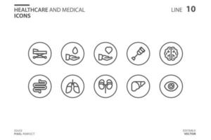 Gesundheitswesen und medizinische Linie Stil Icon Set vektor