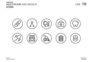 Gesundheitswesen und medizinische Linie Stil Icon Set vektor