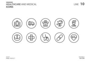 sjukvård och medicinsk linje stil ikonuppsättning vektor
