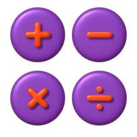 matematik 3d ikon. uppsättning av orange tillägg, subtraktion, multiplikation och division tecken på lila runda knappar. 3d realistisk design element. vektor