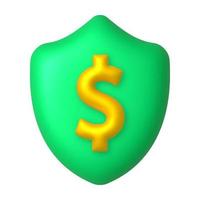golden Dollar auf ein Grün Schild. Finanzen Schutz Konzept. 3d realistisch Vektor Design Element.