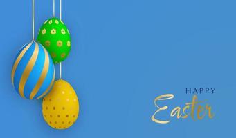 glücklich Ostern Gruß Karte. süß 3d Eier hängend auf Bänder auf Blau Hintergrund. vektor