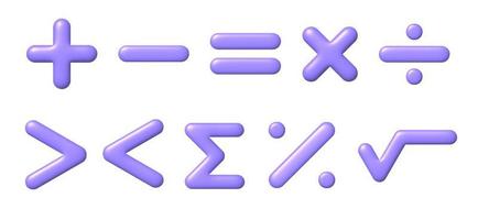 matematik 3d ikon uppsättning. lila aritmetisk tecken på vit bakgrund med skugga. vektor illustration.