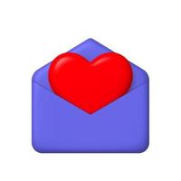 ny meddelande 3d ikon. lila öppen post kuvert och stor hjärta. 3d realistisk vektor design element.