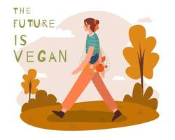 Vektor jung Frau mit Gemüse im Null Abfall Zeichenfolge Tasche in der Nähe von das Botschaft das Zukunft ist vegan.